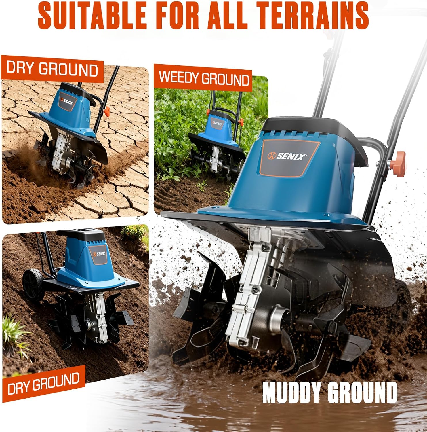 SENIX Electric Corded Garden Tiller & Cultivator, Steel Tines, 8 Amp, 12″ Till Width,8″ Till Width 3-Position Wheel Adjustment-Heavy Duty Gardening Machine Equipment for Lawn, Yard, & Grass