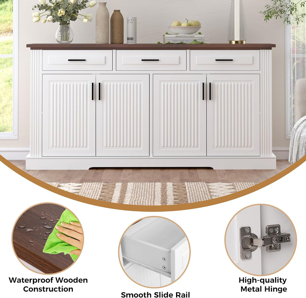 RiteSune Buffet Cabinet with Storage, 63' Modern Farmhouse Coffee Bar Cabinets with 3 Drawers and 4 Doors, Black Sideboard Buffet Cabinet, Wood Buffet Storage Table for Kitchen, Dining Room (White)