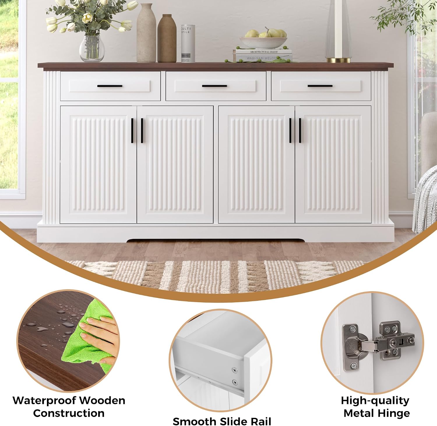 RiteSune Buffet Cabinet with Storage, 63' Modern Farmhouse Coffee Bar Cabinets with 3 Drawers and 4 Doors, Black Sideboard Buffet Cabinet, Wood Buffet Storage Table for Kitchen, Dining Room (White)