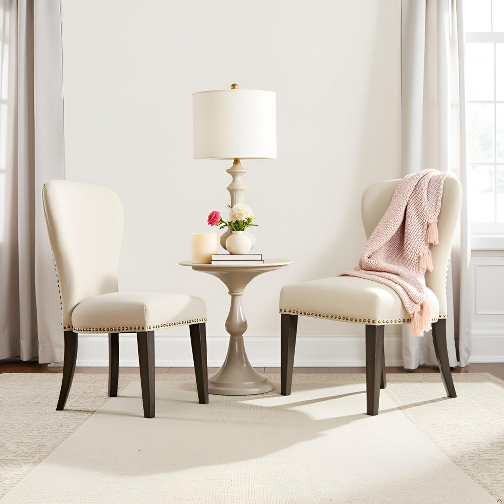 Savoy Upholstered Dining Chairs – Set of 2 Parsons Style Accent Chairs with Cream Linen Fabric, Nailhead Trim, and Dark Stained Legs – for Dining Room, Desk, or Sitting Area by Alaterre Furniture