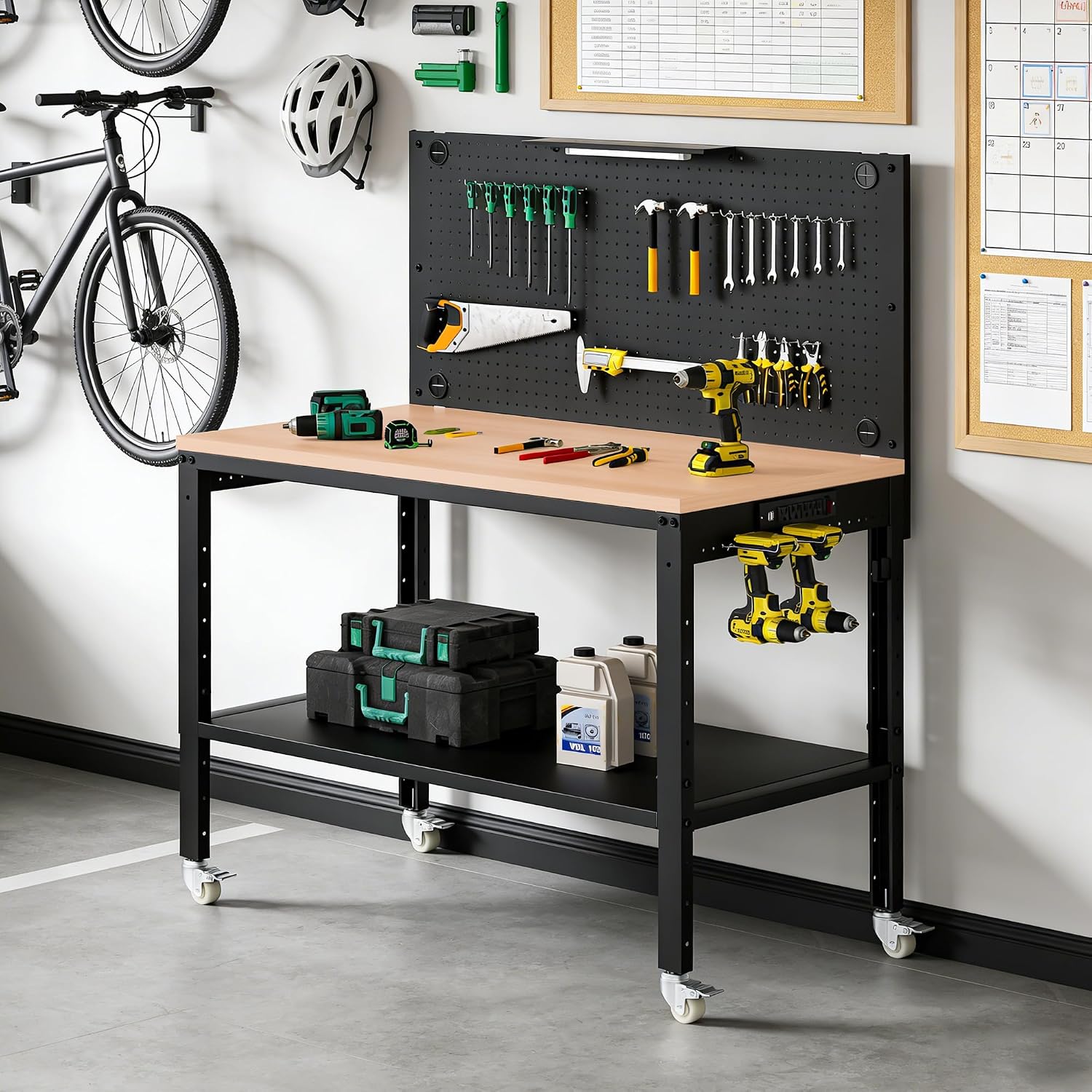 Antifir 48' Adjustable Height Workbench for Garage Work Table with Under Table Shelf & Pegboard, Max Load 2000 LBS Heavy Duty Wood Work Bench with Power Outlet for Commercial, Workshop, Office, Home