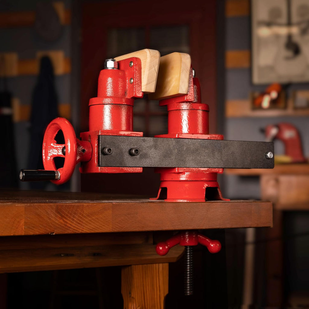 StewMac Guitar Repair Vise with Neck Protectors 3-Pack – 360° Rotating Swivel Jaws – Fast-Crank Handwheel – Urethane-Protected Hardwood Jaws – Professional Luthier Vise for Guitar Repair and Building