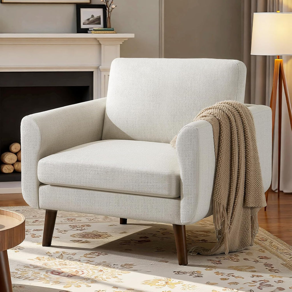 Oversized Accent Chair for Living Room, 37' Mid-Century Modern Comfy Reading Chair, Linen Fabric Solid Wood Frame Armchair, Upholstered Beige Bedroom Accent Chairs Set of 2 for Adults
