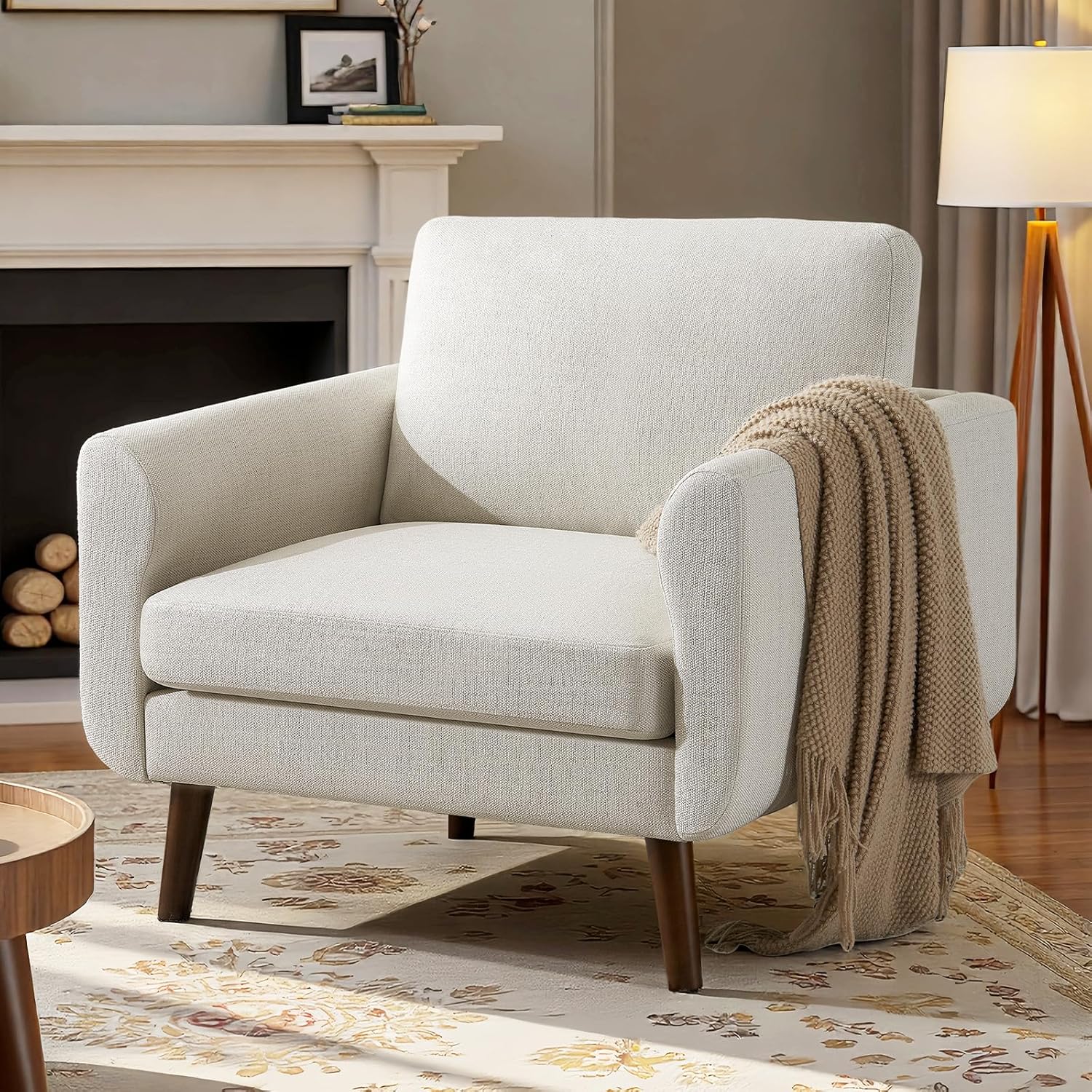 Oversized Accent Chair for Living Room, 37' Mid-Century Modern Comfy Reading Chair, Linen Fabric Solid Wood Frame Armchair, Upholstered Beige Bedroom Accent Chairs Set of 2 for Adults