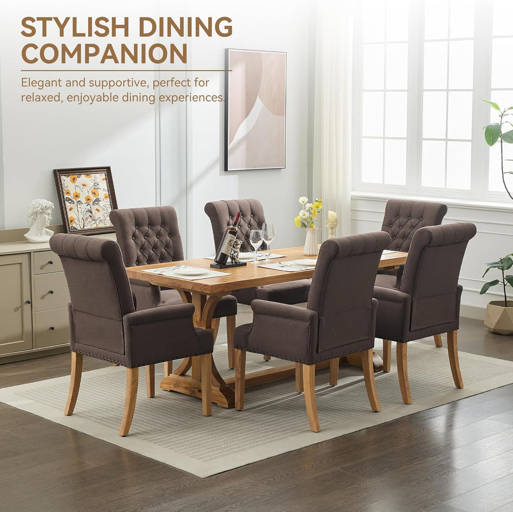 WUTUTUEE Fabric Dining Chair with Arms, Upholstered Tufted High Back Dining Room Chairs, Accent Armchair with Solid Wood Leg and Nailhead Trim, Kitchen Dining Living Room, Brown