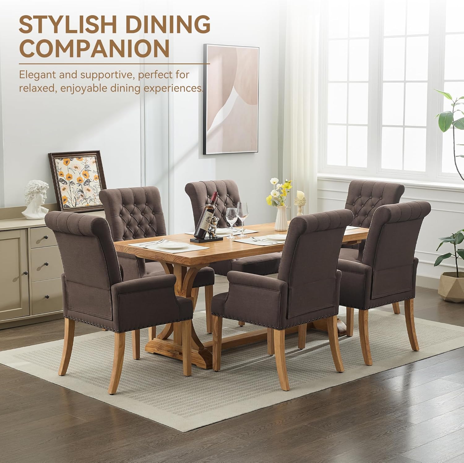 WUTUTUEE Fabric Dining Chair with Arms, Upholstered Tufted High Back Dining Room Chairs, Accent Armchair with Solid Wood Leg and Nailhead Trim, Kitchen Dining Living Room, Brown