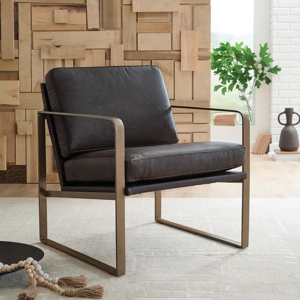 Signature Design by Ashley Bradett Modern Leather Accent Chair with Metal Frame, Dark Brown & Metallic