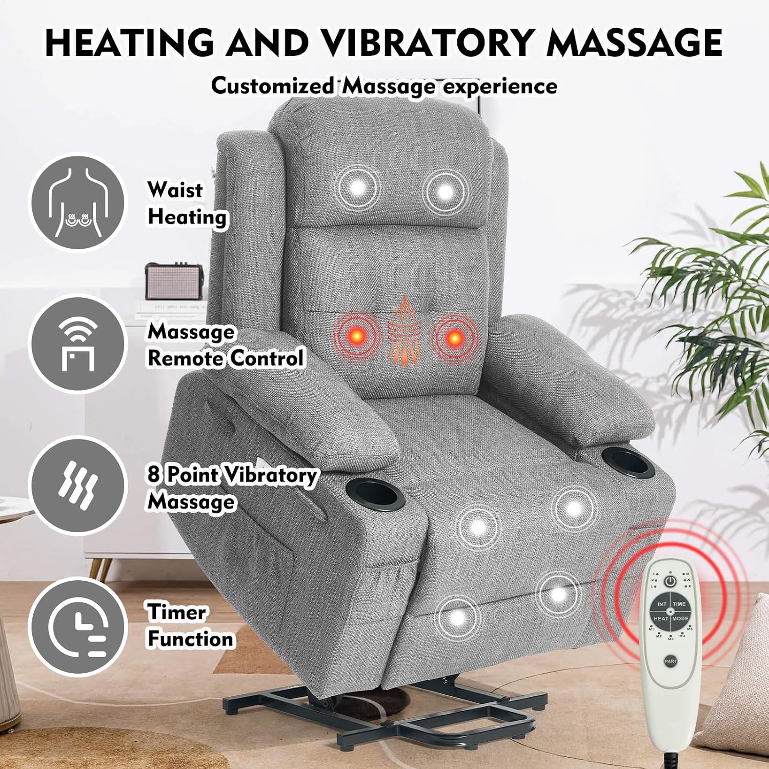 Polar Aurora Power Lift Chair for Elderly,Electric Recliner Chair with Heating and Vibrating Massage,Living Room Chair with Adjustable Back,Thickened armrest,USB Ports,2 Cup Holders,Gray