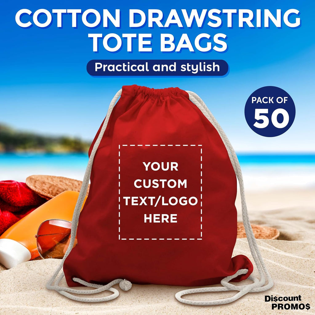 DISCOUNT PROMOS Custom Cotton Drawstring Backpacks Set of 50, Personalized Bulk Pack - Bring Everywhere You Go and For Everyday Use - Red