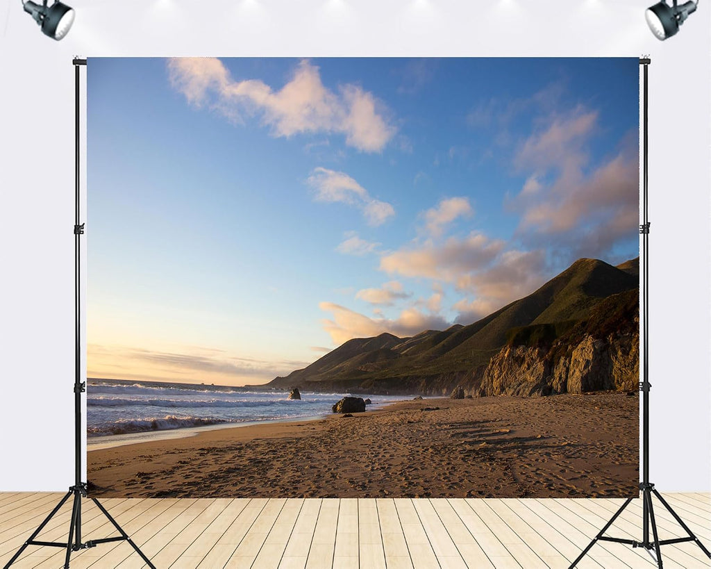 Trykid 20x10ft Coastal Beach Green Mountain Backdrop Sunset Ocean Wave Scenery Photography Background Vacation Camping Party Decoration Tapestry Photo Studio Prop Fabric