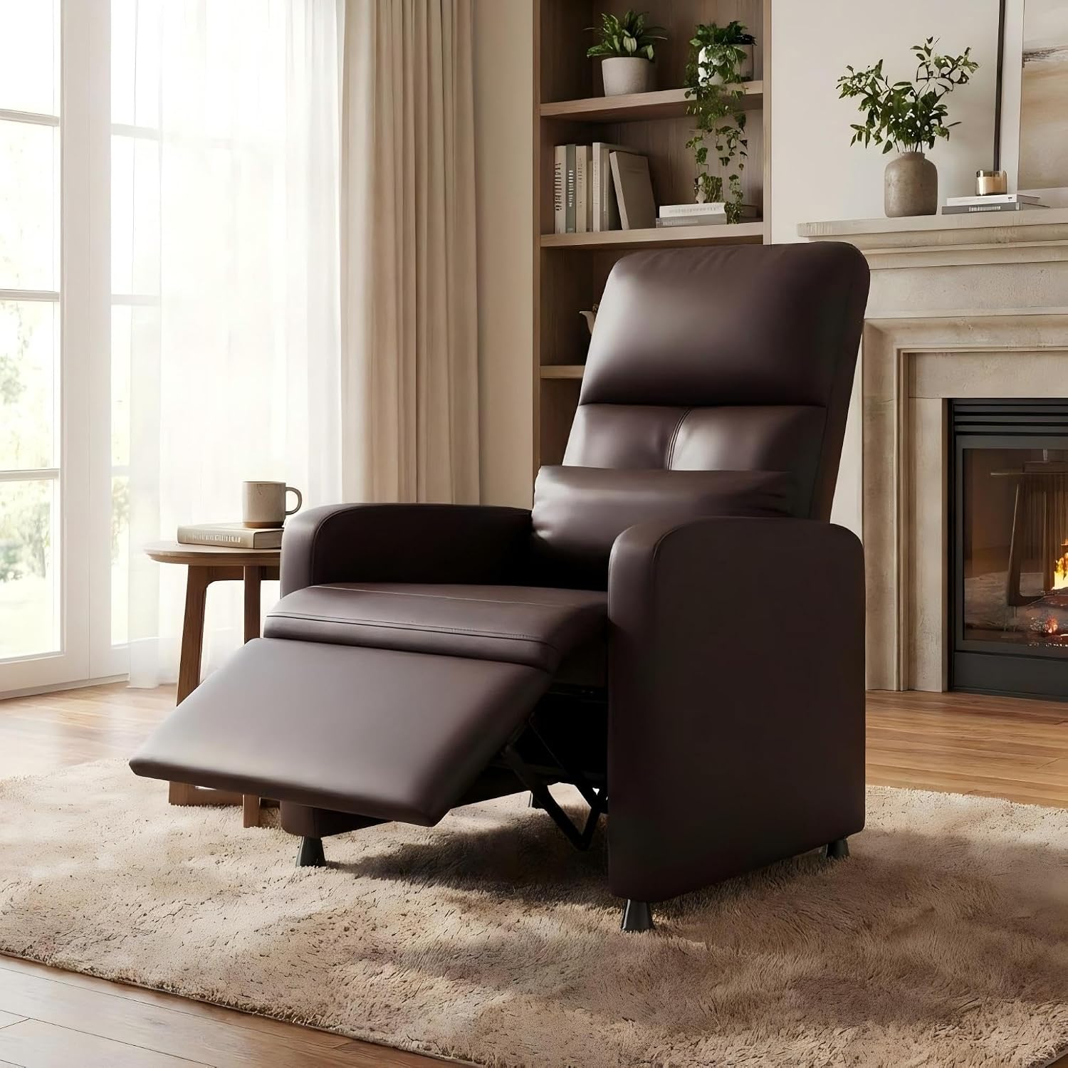 Power Recliner Chair, Electric Recliner with Memory Function & USB Port, Overstuffed PU Leather Living Room Chair with Side Pockets, Ergonomic Home Theater Seating Brown