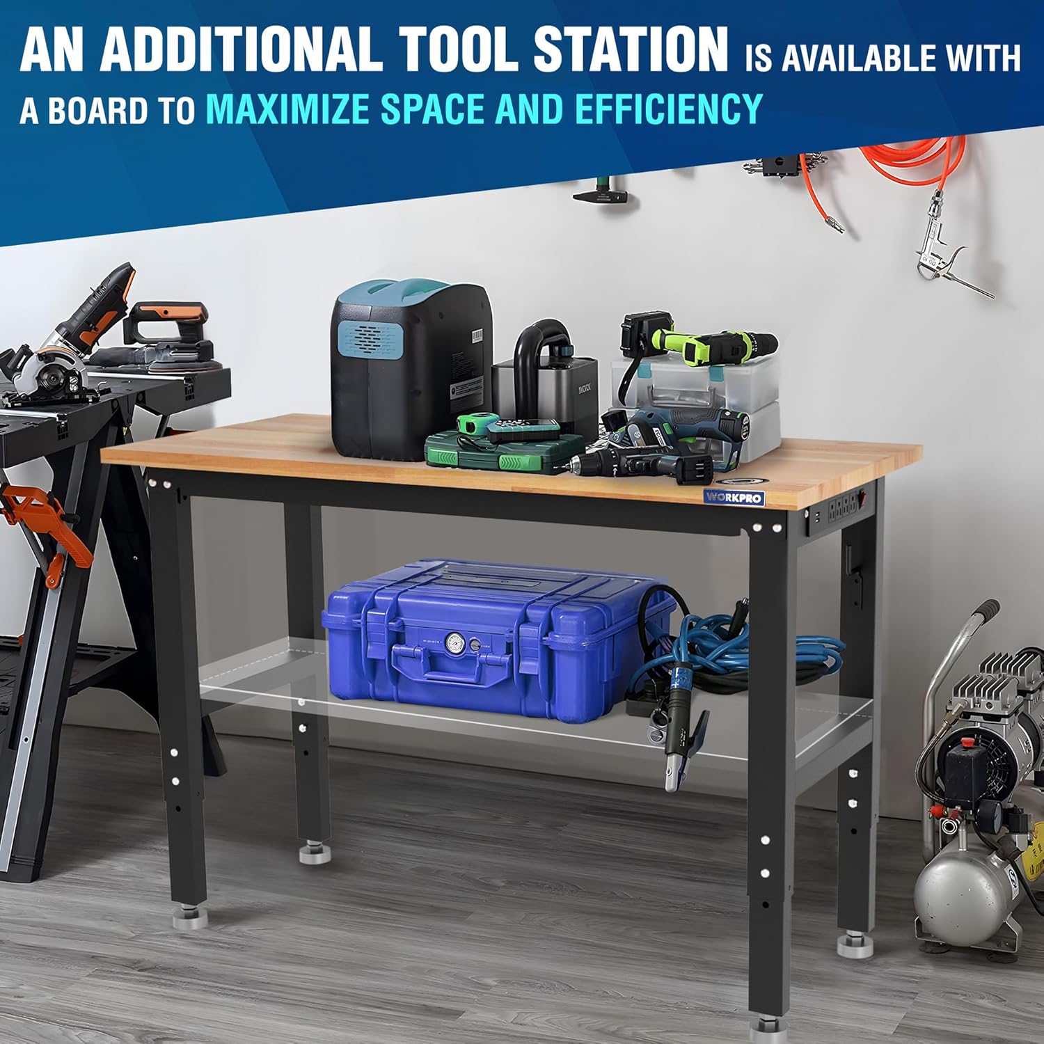 WORKPRO Adjustable Garage Workbench, 48'x22' Rubber Wood Top Heavy-Duty Work Desk with Power Outlets, Leveling Foot, 5 Heights, 1500 LBS Load Capacity Work Benches for Garage, Workshop
