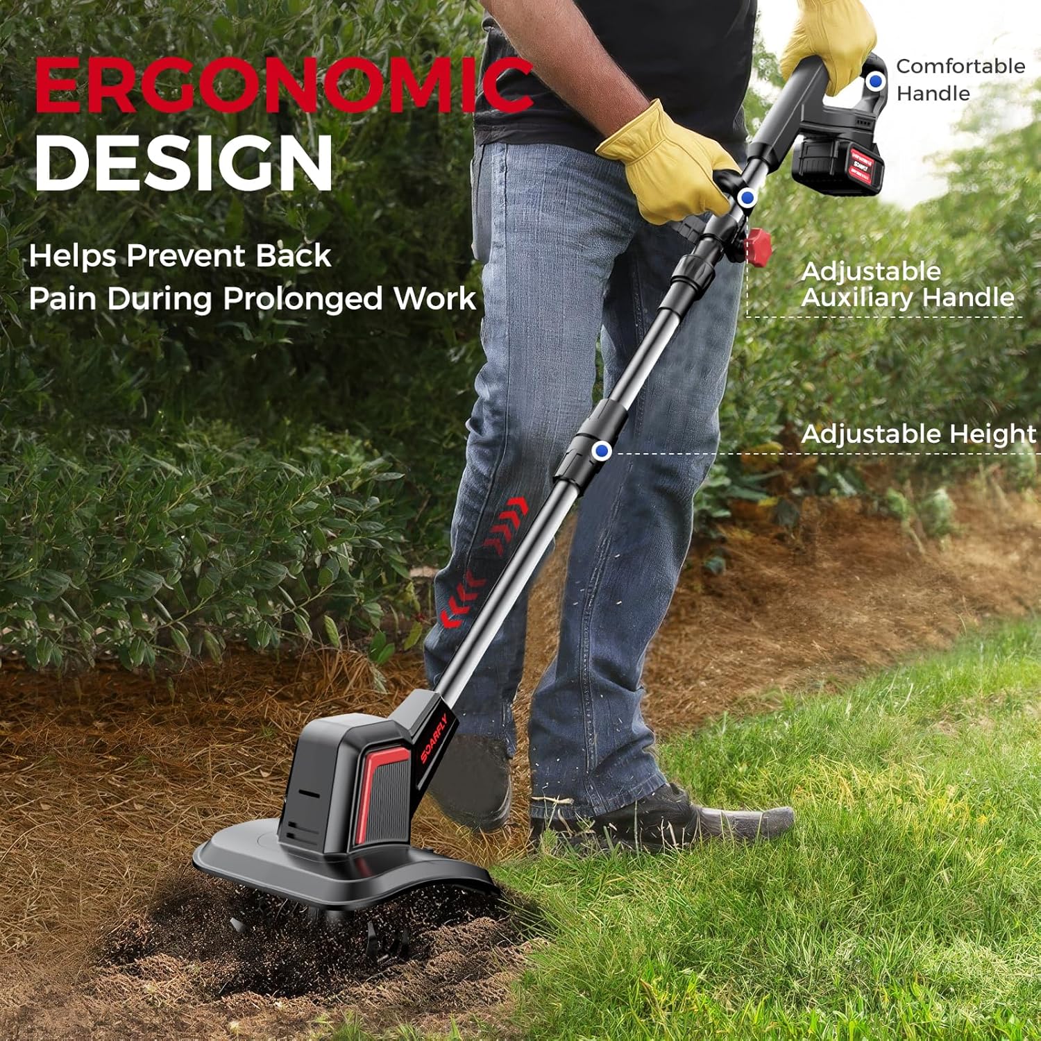SOARFLY Upgraded Cordless Electric Tiller for Gardening, Total 8.0Ah Battery Powered Mini Cultivator with 2×4.0AH Batteries, 9' Width, 6.6' Depth, 48 Steel Tines Rototiller for Soil Cultivation
