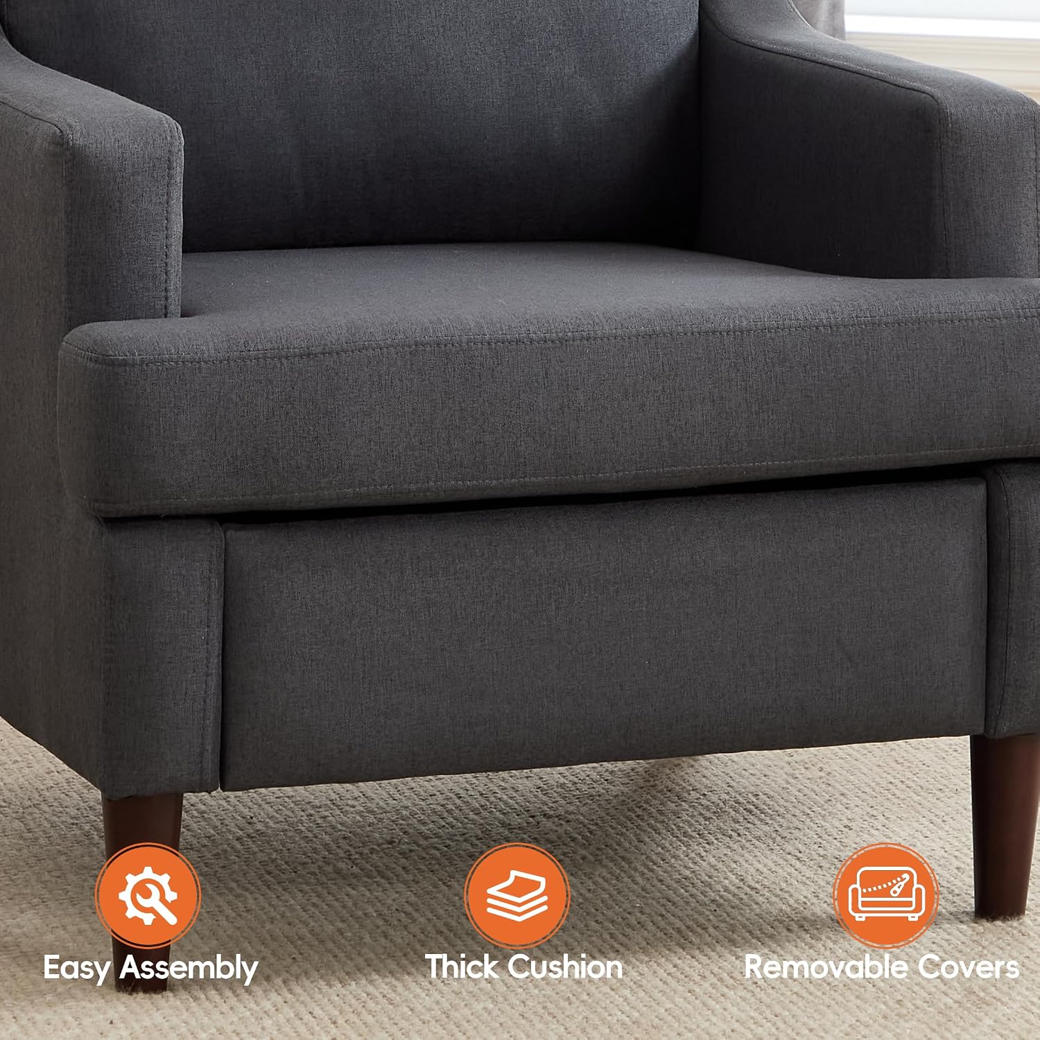 Ketaiyou Mid-Century Accent Chair Modern Linen Fabric Armchair for Living Room,Comfy Upholstered Reading Chairs for Bedroom,Single Sofa Chair with Wood Legs (Darkgrey, Set of 1)