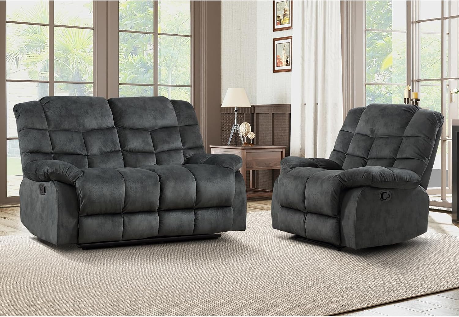 EBELLO Manual Recliner Couch Set, Soft Fabric Reclining Living Room Set, Included SinglAe Recliner Chair and Loveseat Sofa, Grey Green