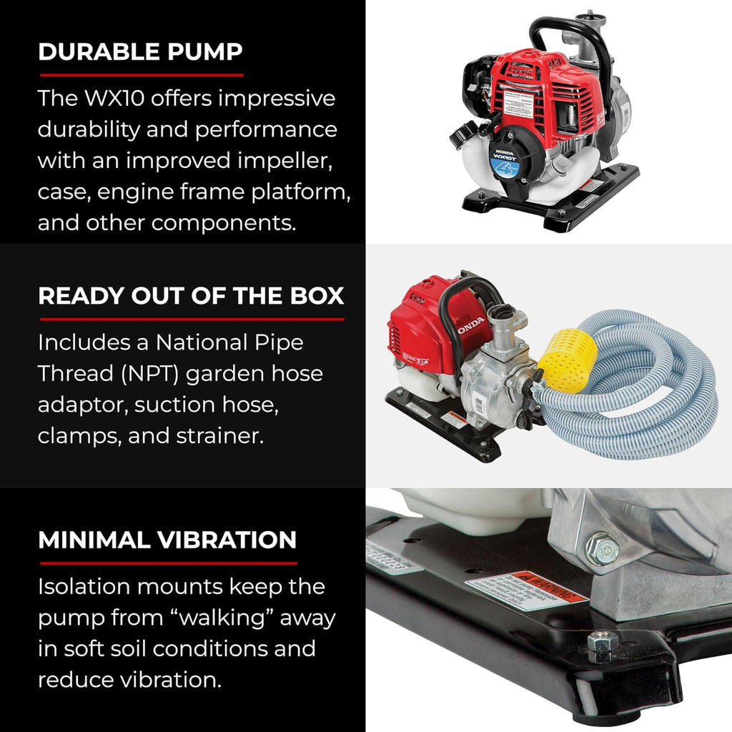 Honda Power Equipment WX10 52 PSI 4-Stroke Commercial Engine Gasoline Powered Water Pump with Hose Adapter, Suction Hose, Clamps, and Strainer