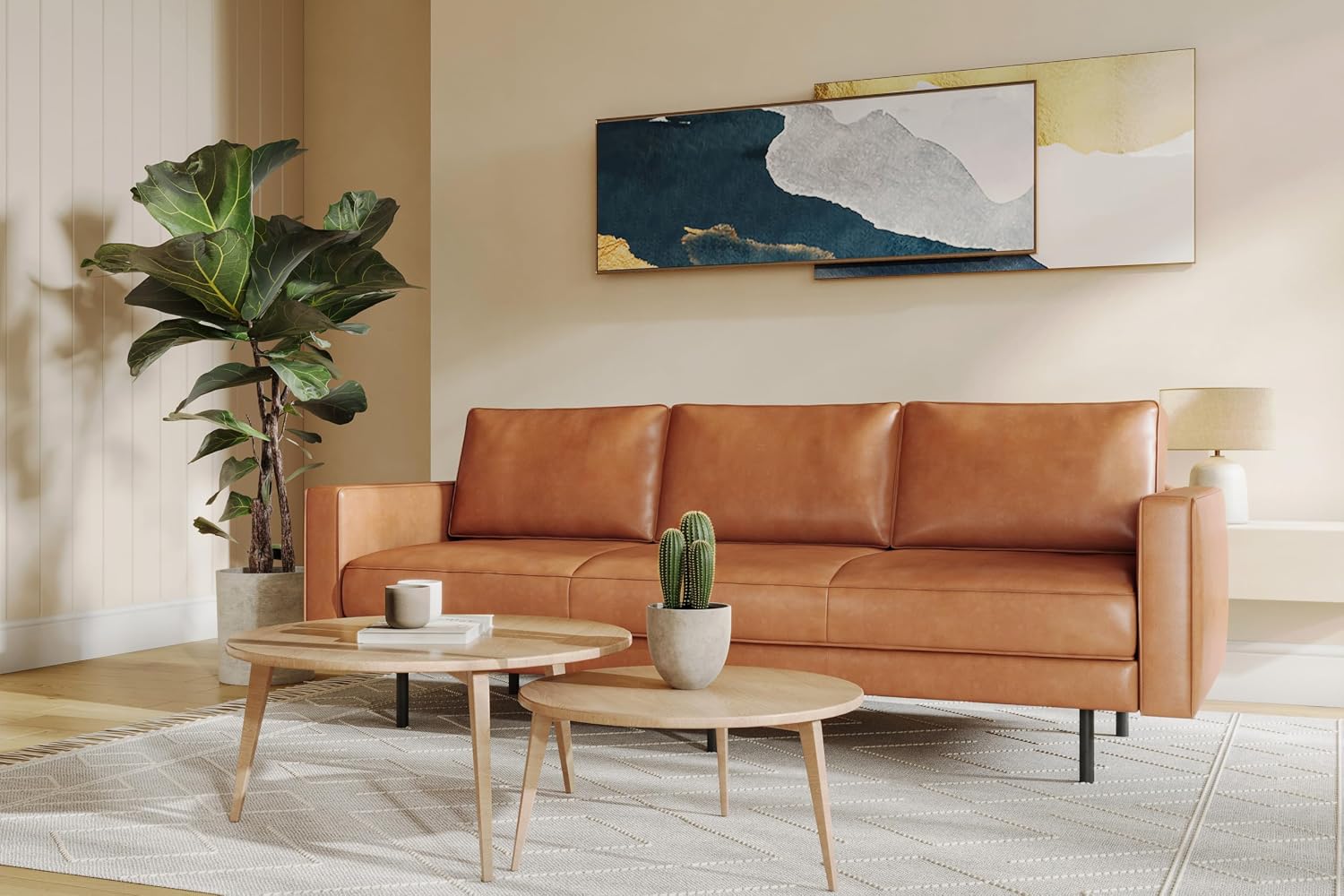 Valencia Varese 90' Full Leather Couch Cognac Tan Brown- Italian Nappa Leather Modern Cloud Couch for Living Room/Apartment Furniture