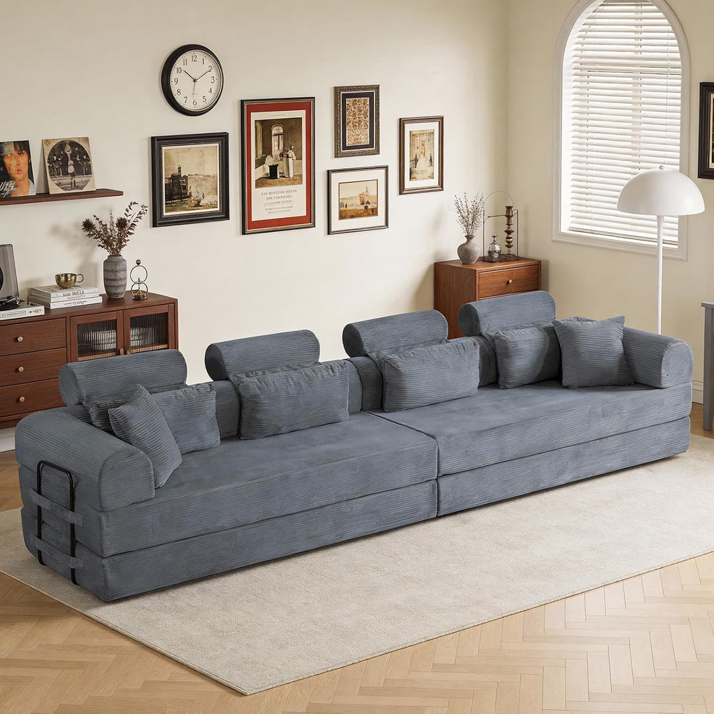KEIKI 6-in-1 Folding Convertible High Back Sofa Sleeper, 106' Oversized Modular Sectional Corduroy Upholstered L Shape Couches for Living Room, High-Resilience Foam for City Apartment, Dark Gray