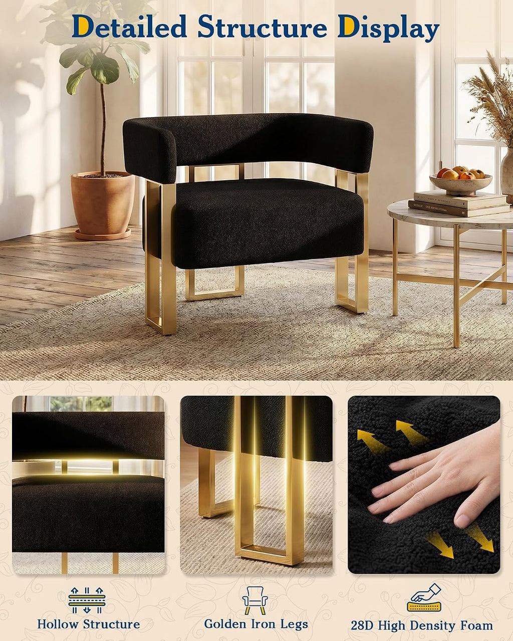 AODAILIHB Modern Accent Chair, Black Teddy Fleece Upholstered Barrel Chairs with Gold Metal Legs - Upholstered Armchairs for Living Room, Bedroom, Lounge & Waiting Room