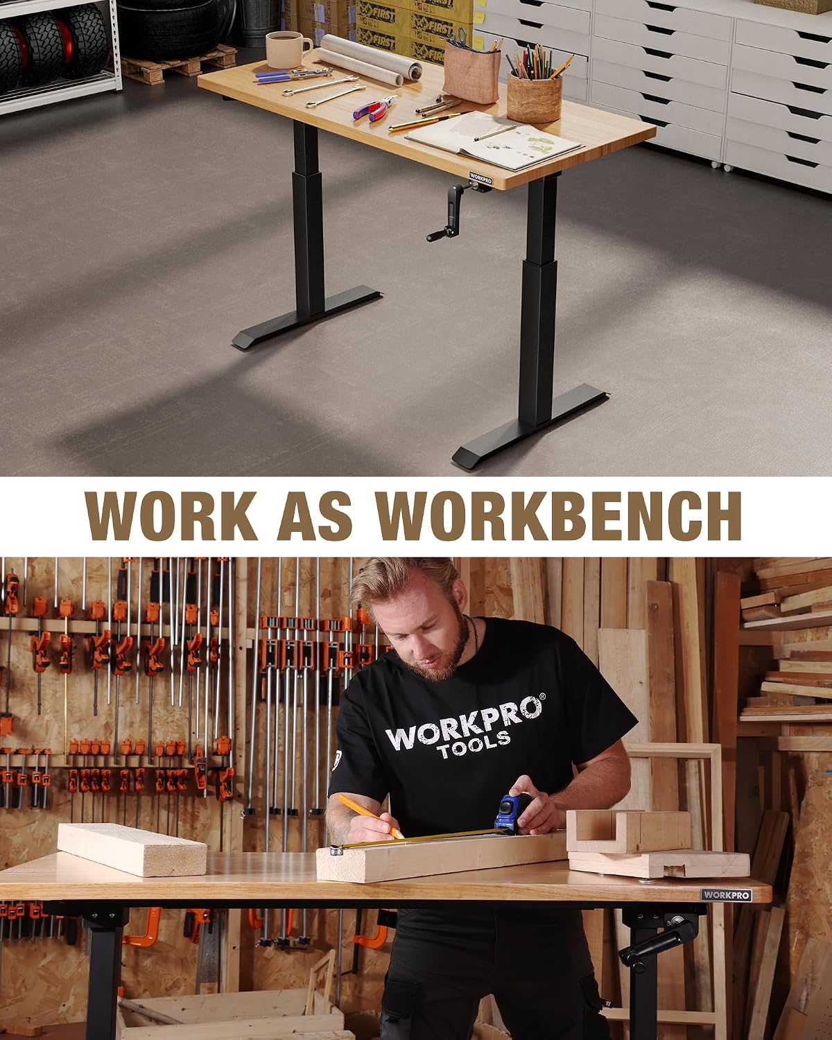 WORKPRO 47.2×23.6' Adjustable Workbench, Crank Stand Desk, 300LBS Capacity