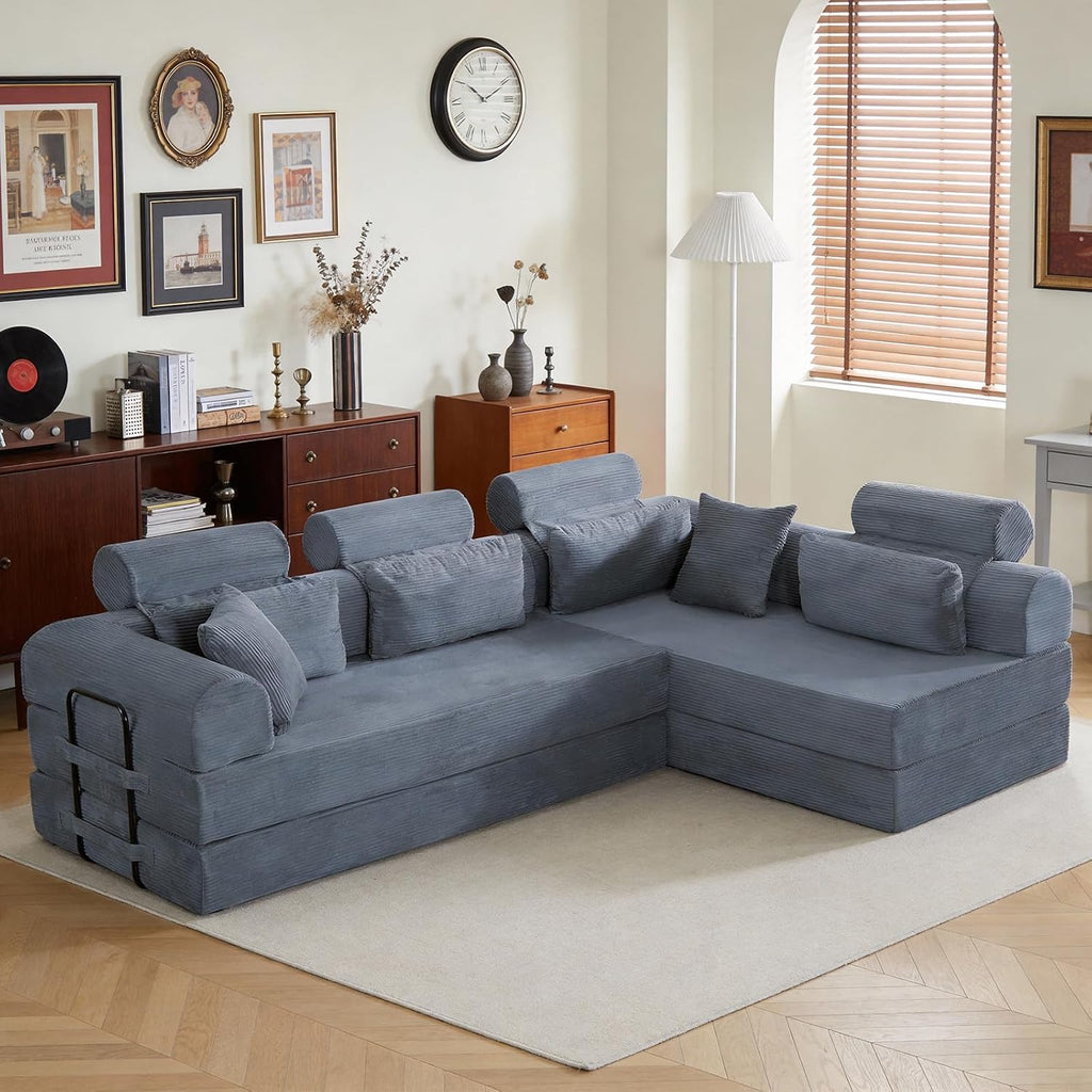 KEIKI 6-in-1 Folding Convertible High Back Sofa Sleeper, 106' Oversized Modular Sectional Corduroy Upholstered L Shape Couches for Living Room, High-Resilience Foam for City Apartment, Dark Gray