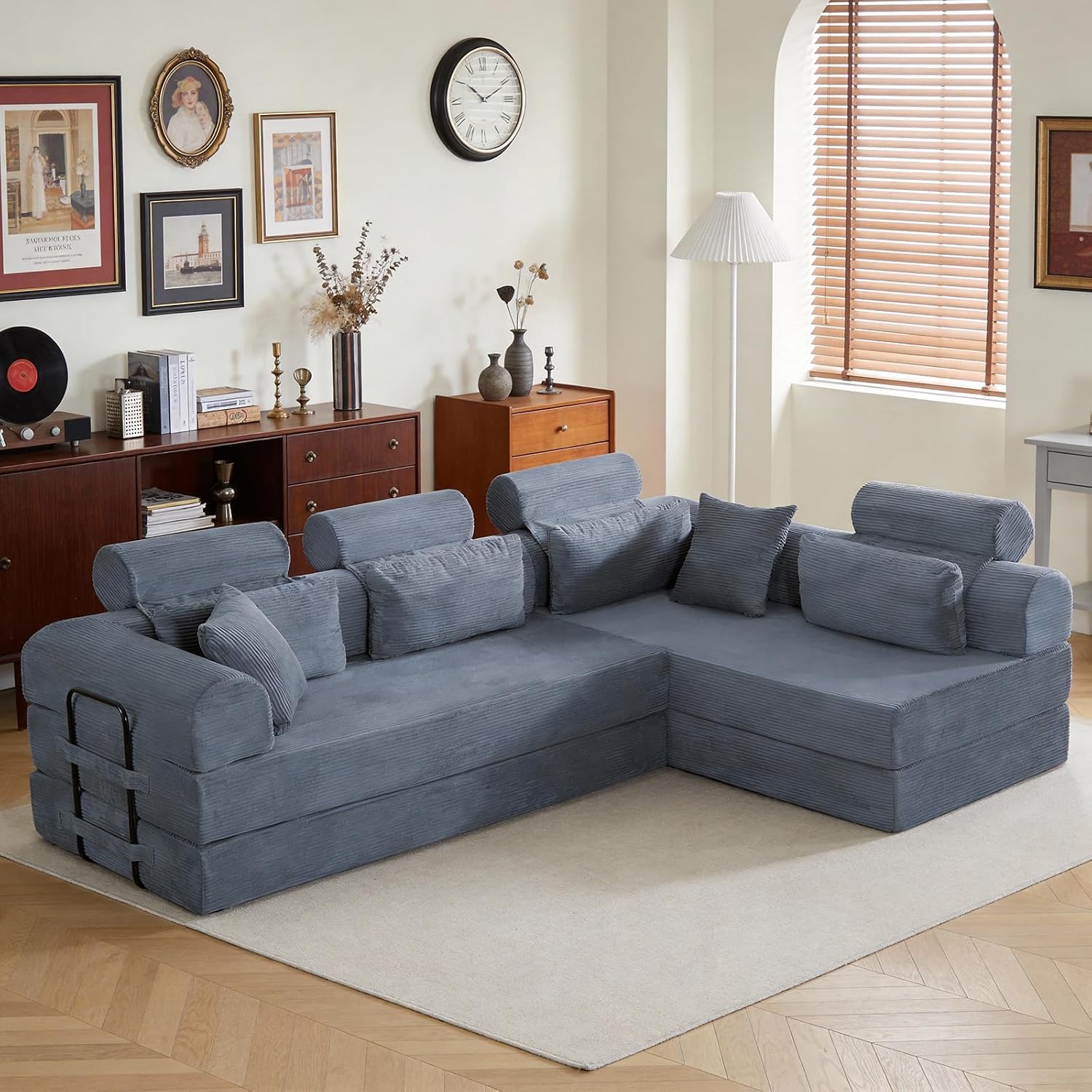 KEIKI 6-in-1 Folding Convertible High Back Sofa Sleeper, 106' Oversized Modular Sectional Corduroy Upholstered L Shape Couches for Living Room, High-Resilience Foam for City Apartment, Dark Gray