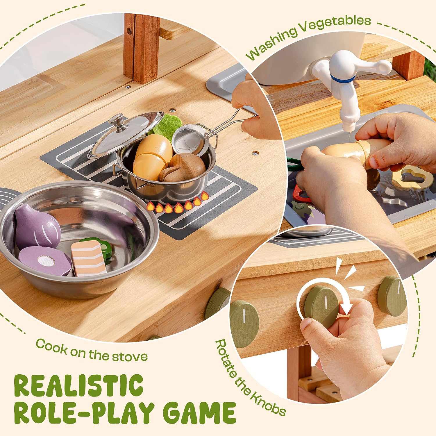 Robud Mud Kitchen, Wooden Outdoor Kitchen for Kids, Pretend Play Set with Sink, Faucet, Planting Pots, Cooking Accessories, Ideal Gift for Boys Girls Ages 3+