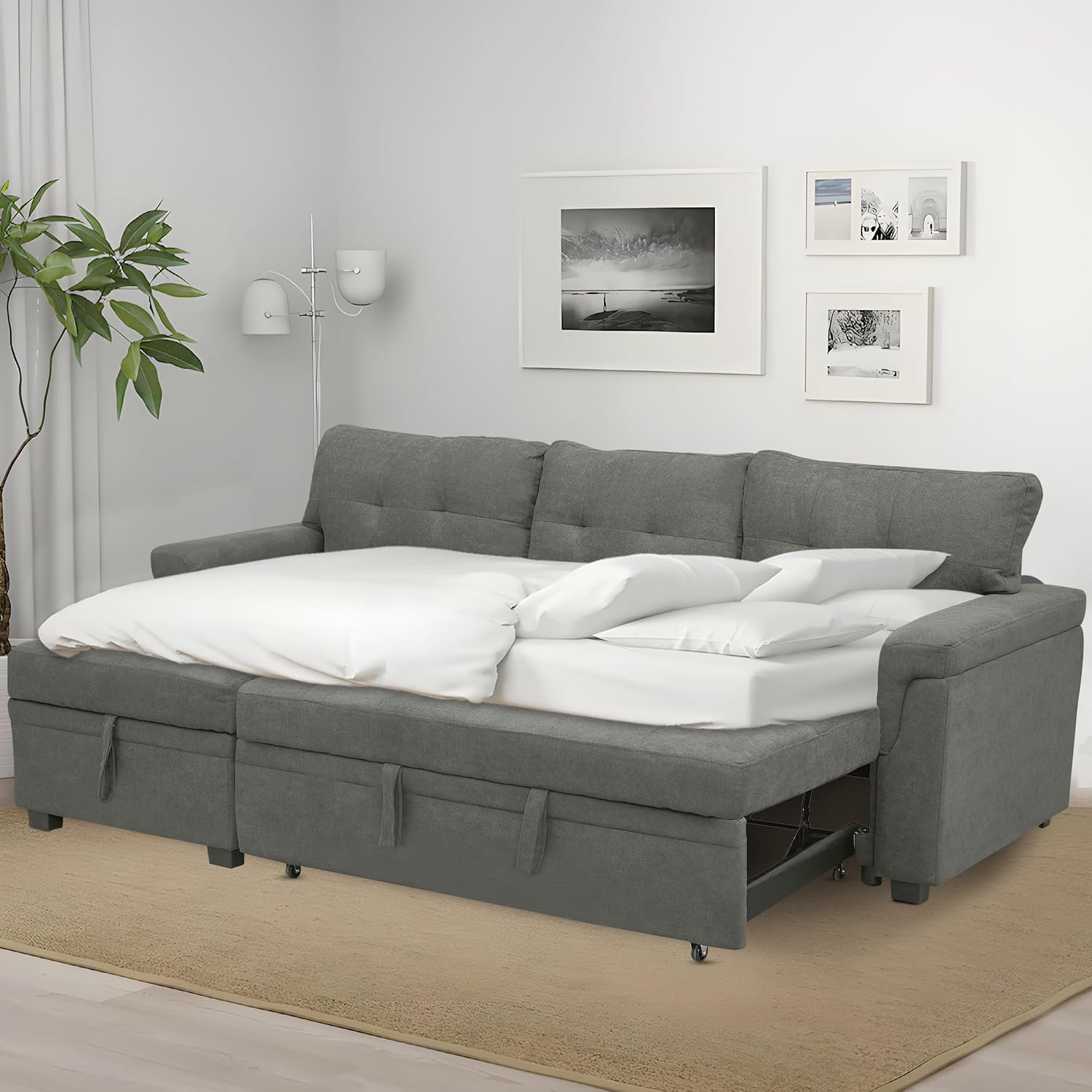 Naomi Home L Shaped Sectional Couch with Storage & Pull Out Bed – 3-in-1 Convertible Sleeper Sofa Bed, Small L Shape Sofa for Living Room, Sofa Bed with Storage Chaise in Gray, Velvet