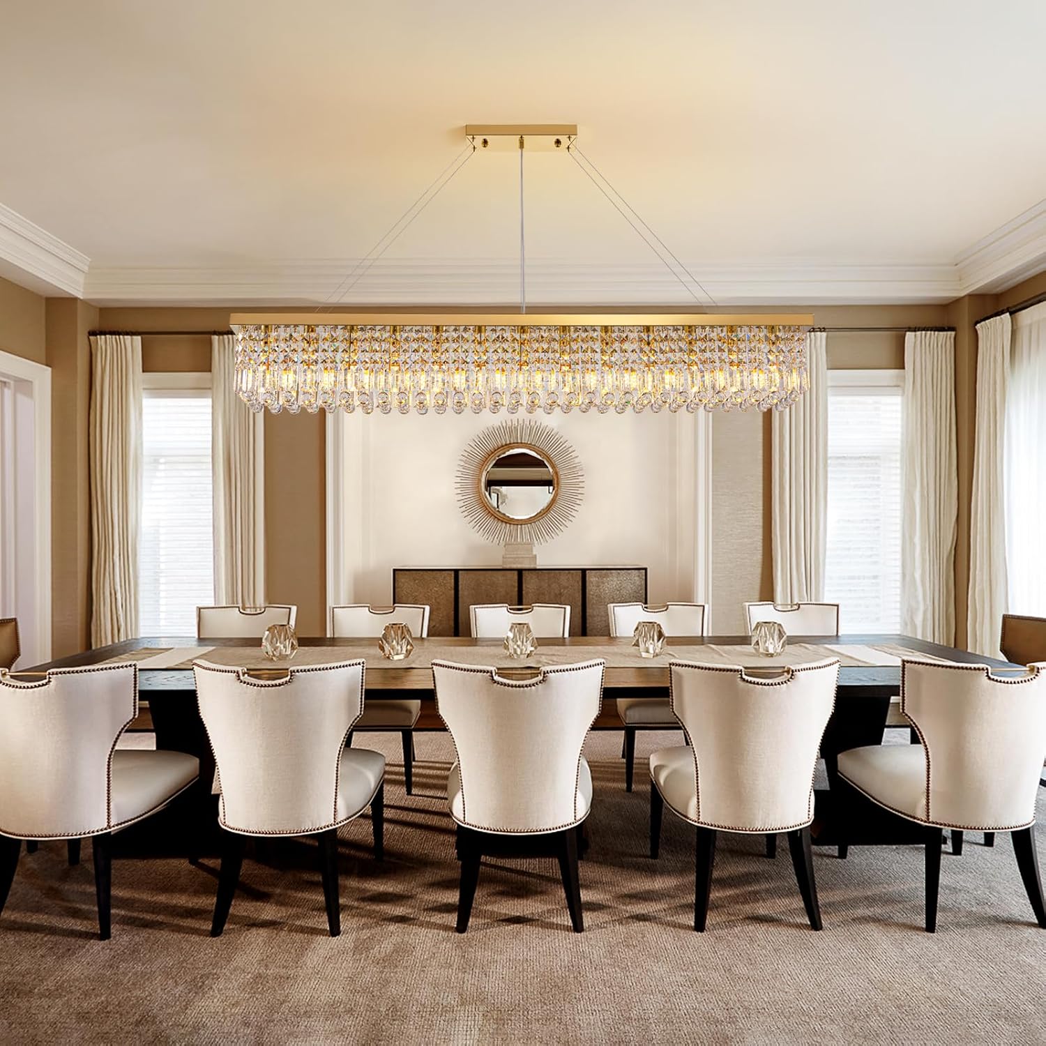 7PM Rectangle K9 Crystal Chandelier Modern Gold Crystal Chandelier Rectangular Pendant Lighting Fixture for Dining Room Kitchen Island Bedroom L59'' x W10'' x H9''