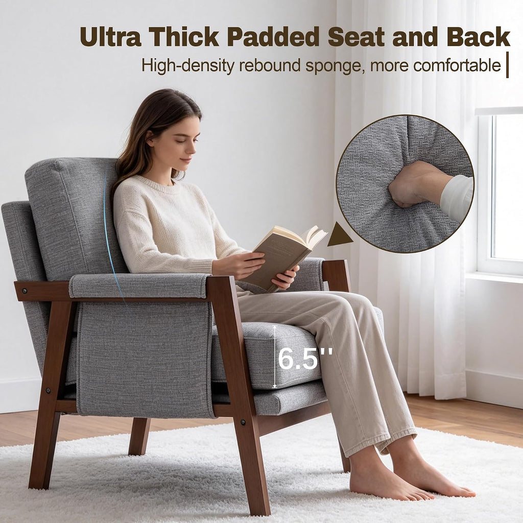 RNKSFX Grey Accent Chair for Bedroom & Living Room, Mid Century Modern Accent Arm Chair, Upholstered Anthropologie Accent Chair with Solid Wood Frame, Fabric