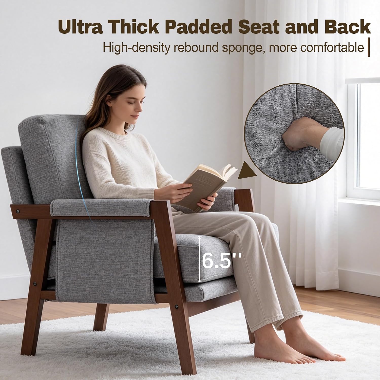 RNKSFX Grey Accent Chair for Bedroom & Living Room, Mid Century Modern Accent Arm Chair, Upholstered Anthropologie Accent Chair with Solid Wood Frame, Fabric