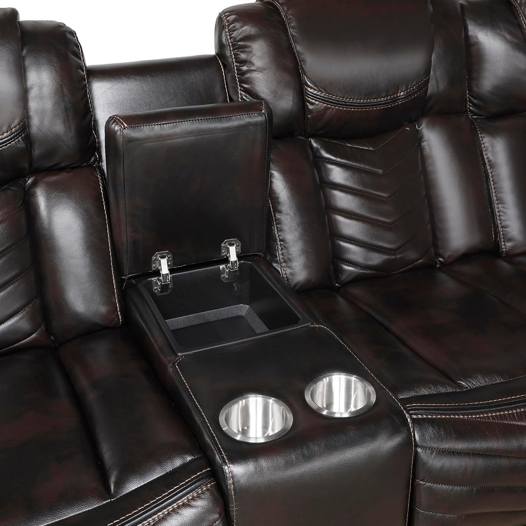 Lexicon Modern 3-Piece Power Reclining Sectional Sofa, Wall Hugger Faux Leather Sectional Couch, with Consoles, Speakers, Subwoofer and Led Lighting, for Living Room/Office/Apartment, Dark Brown