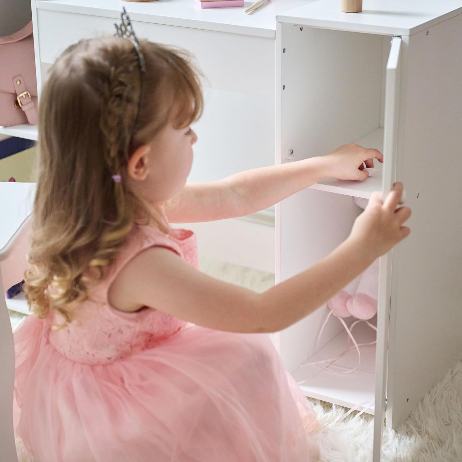 Teamson Kids 2-in-1 White Vanity Desk Set with Mirror & Stool for Girls - Dual Purpose Deluxe Glow Play Makeup Vanity & Desk with LED Lights & Cork Panels for Kids Ages +3