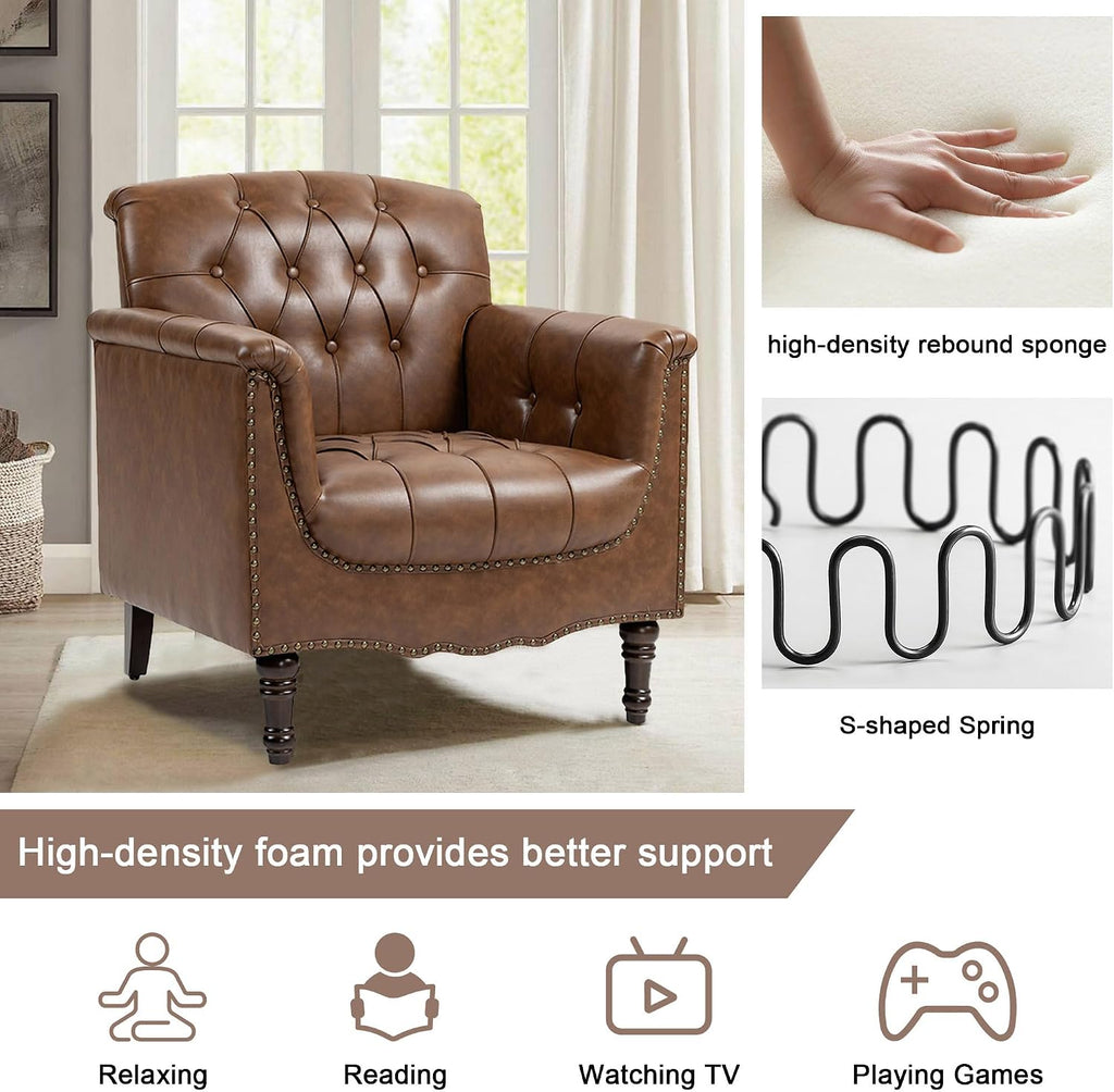 Lumibee Faux Leather Accent Chairs Set of 4, Upholstered Armchairs with Nailhead Trims & Wood Legs for Living Room, Bedroom, Contemporary Comfy Club Chairs for Office-Brown