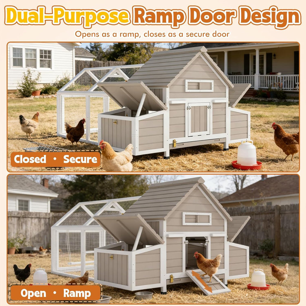 Ketive 83'L Large Chicken Coop with Run for 4–6 Chickens Wooden Backyard Hen House with Curved Roof, Peaked Run Top, 4 Reinforced Nesting Boxes, Swing Perch, Dual Ramp Doors,Slide-Out Tray,Expandable