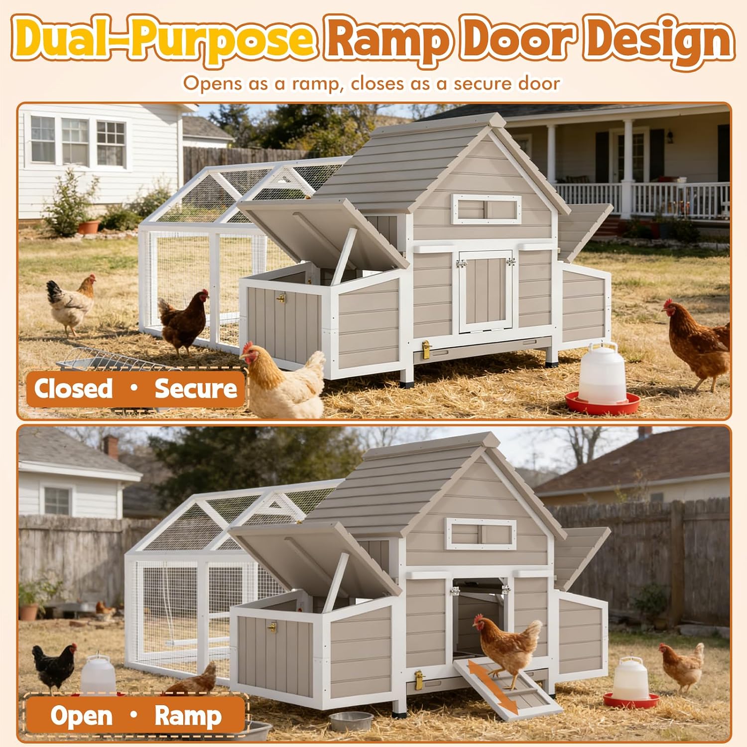 Ketive 83'L Large Chicken Coop with Run for 4–6 Chickens Wooden Backyard Hen House with Curved Roof, Peaked Run Top, 4 Reinforced Nesting Boxes, Swing Perch, Dual Ramp Doors,Slide-Out Tray,Expandable