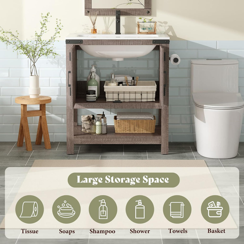 AMERLIFE 24' Farmhouse Bathroom Vanity with Sink Combo, Wood Barn Doors & Open Shelf, Freestanding Single Bathroom Storage Cabinet, Paper Towel Holder, Easy-Clean Countertop, Light Gray