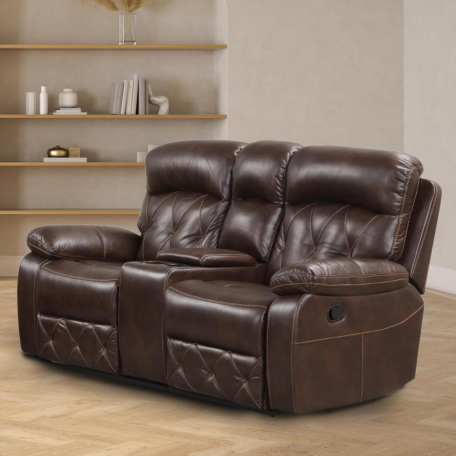 24/7 Shop at Home Skylar Transitional Breathable Leather Manual Recliner Loveseat with Fabric Lined Storage Console and Diamond Stitching for Living Room, Bedroom, Brown