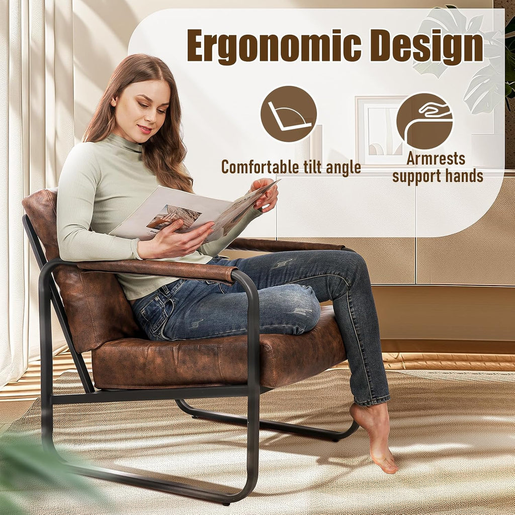 PrimeZone Mid-Century Modern Accent Chair - Comfy Faux Leather Living Room Chair, Lounge Armchair with Extra Soft Padded & Cushion, Ergonomic Accent Chair for Bedroom Office Waiting Room, Brown