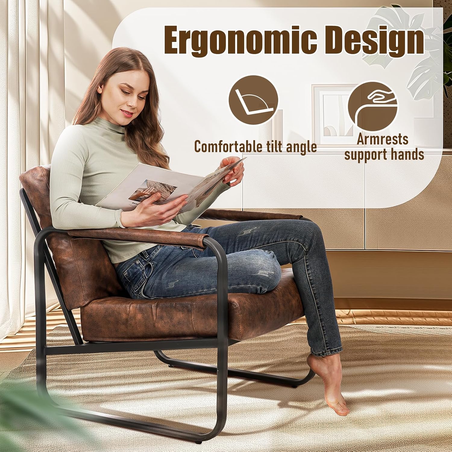 PrimeZone Mid-Century Modern Accent Chair - Comfy Faux Leather Living Room Chair, Lounge Armchair with Extra Soft Padded & Cushion, Ergonomic Accent Chair for Bedroom Office Waiting Room, Brown