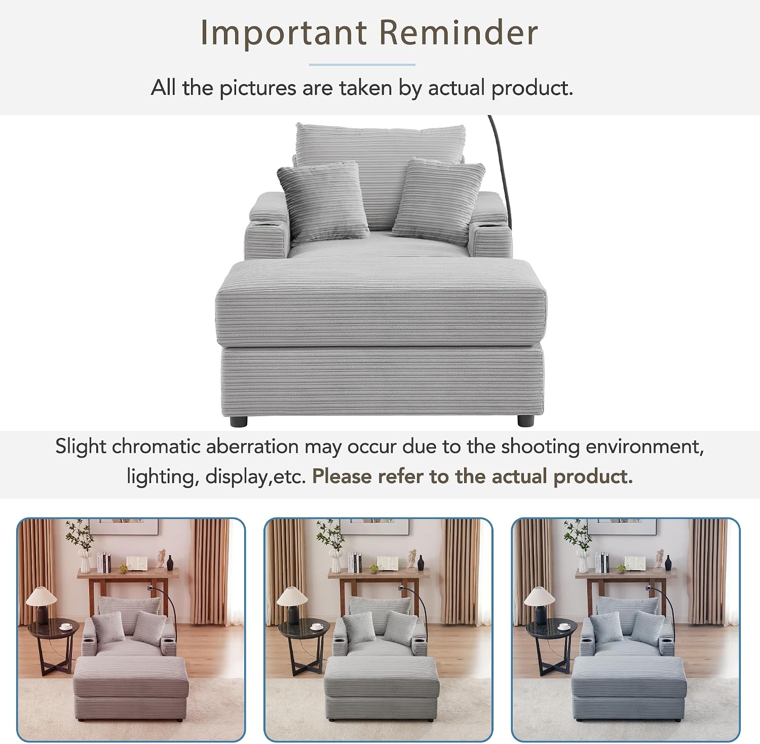 Merax Modern 41.7' Chaise Lounge with Pillows, Charge Station & Cup Holders,Upholstered Sofa Recliner Chair with Ottoman for Living Room Bedroom Gray