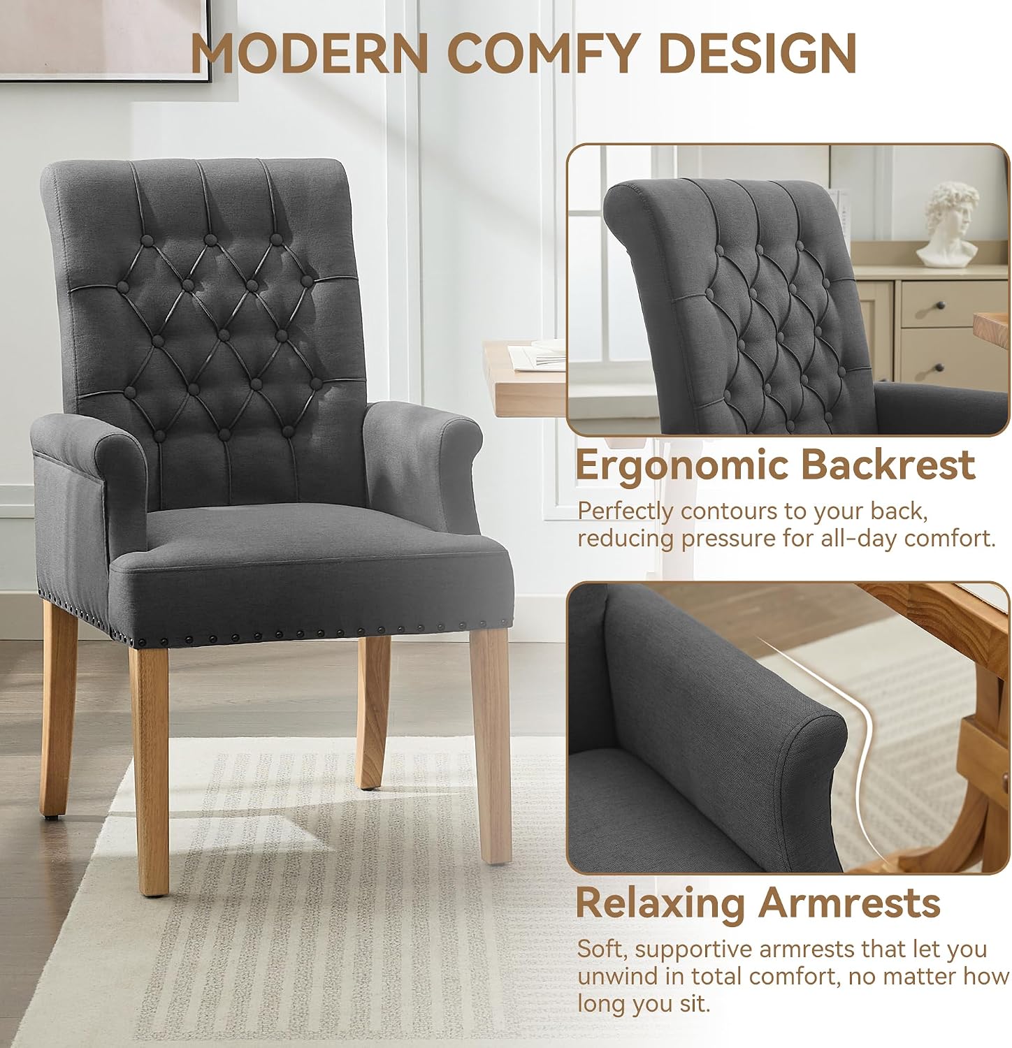 WUTUTUEE Fabric Dining Chair with Arms, Upholstered Tufted High Back Dining Room Chairs, Accent Armchair with Solid Wood Leg and Nailhead Trim, Kitchen Dining Living Room, Dark Grey
