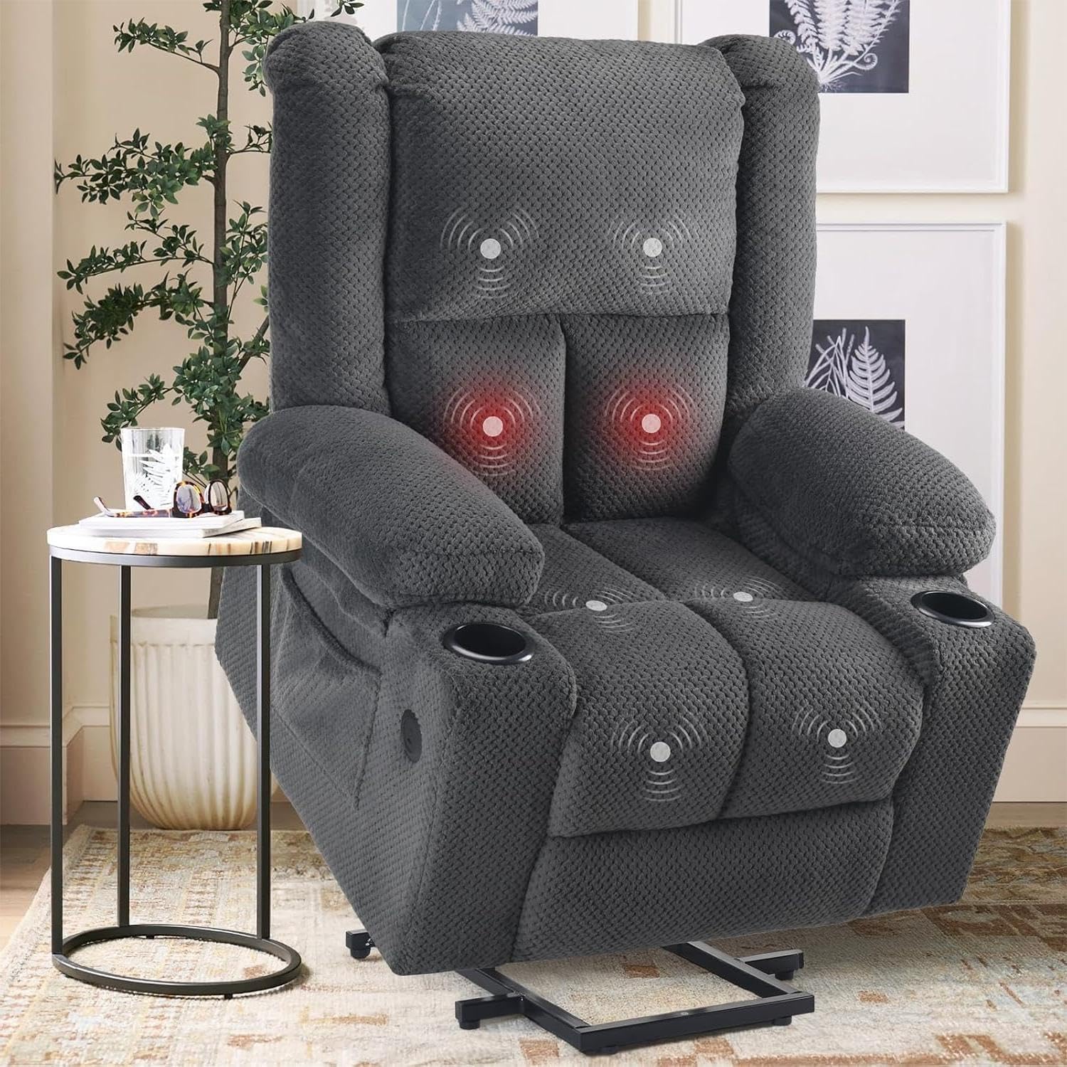 Small-Size Lift Chair for Elderly, Recliner Chair with Massage & Heat, Electric Lift Recliner Chair for Living Room with Side Pocket, USB & Type-C Charge Port, Grey