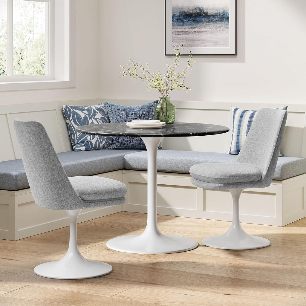 Modway Lippa Upholstered Swivel Dining Side Chair in White Light Gray - Armless Woven Heathered Fabric Accent Chair with Pedestal Base - 360° Office Desk Rotating Chair with No Wheels