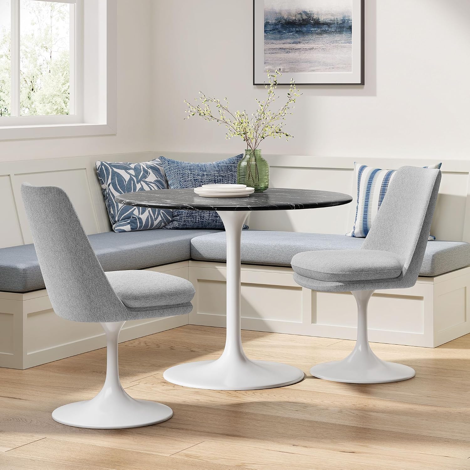 Modway Lippa Upholstered Swivel Dining Side Chair in White Light Gray - Armless Woven Heathered Fabric Accent Chair with Pedestal Base - 360° Office Desk Rotating Chair with No Wheels
