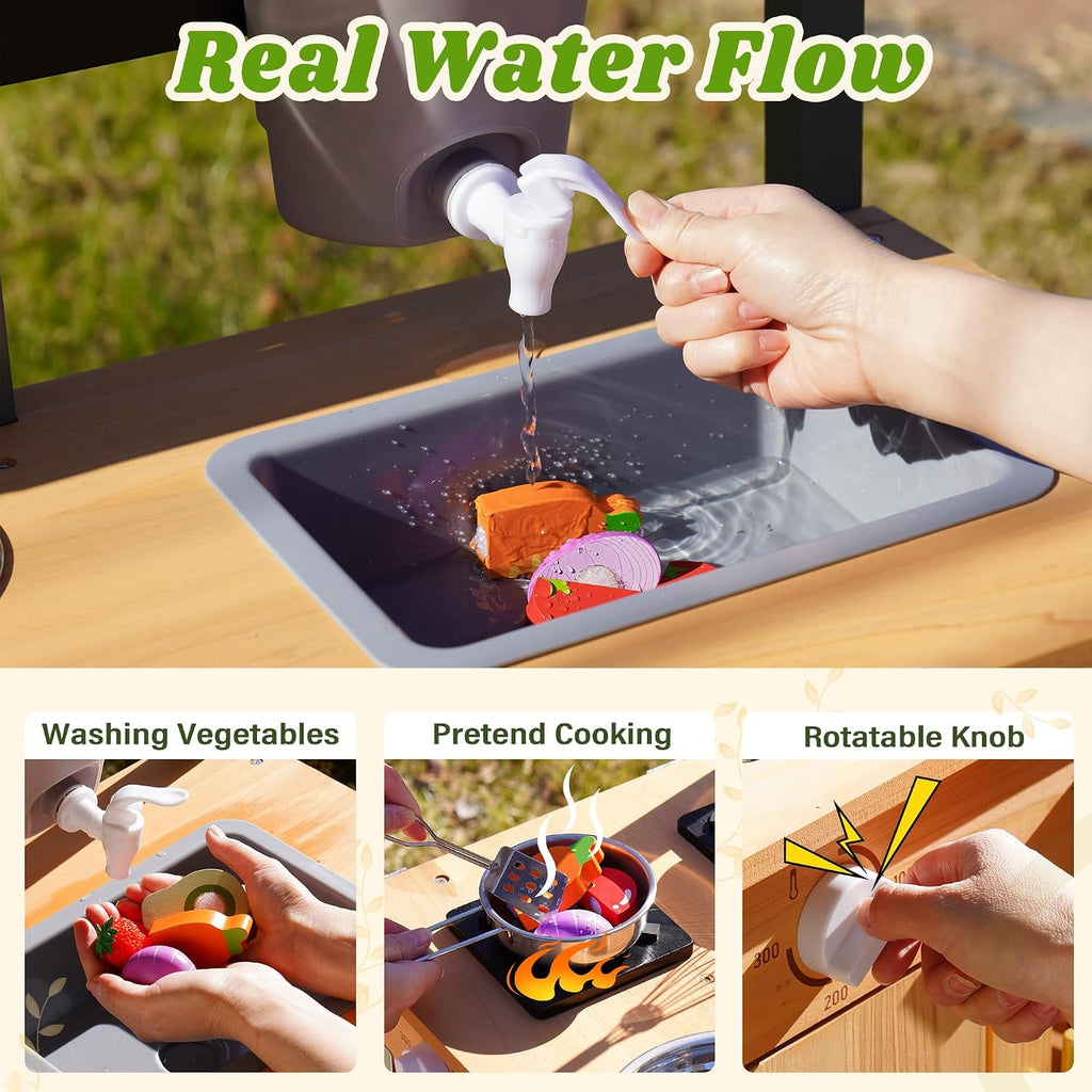 ROBOTIME Mud Kitchen for Kids Outdoor, Wood Outdoor Kitchen with Insect Observation Box & Planter Box, Toddler Play Kitchen with Removable Sink & Faucet, Pretend Outdoor Playset