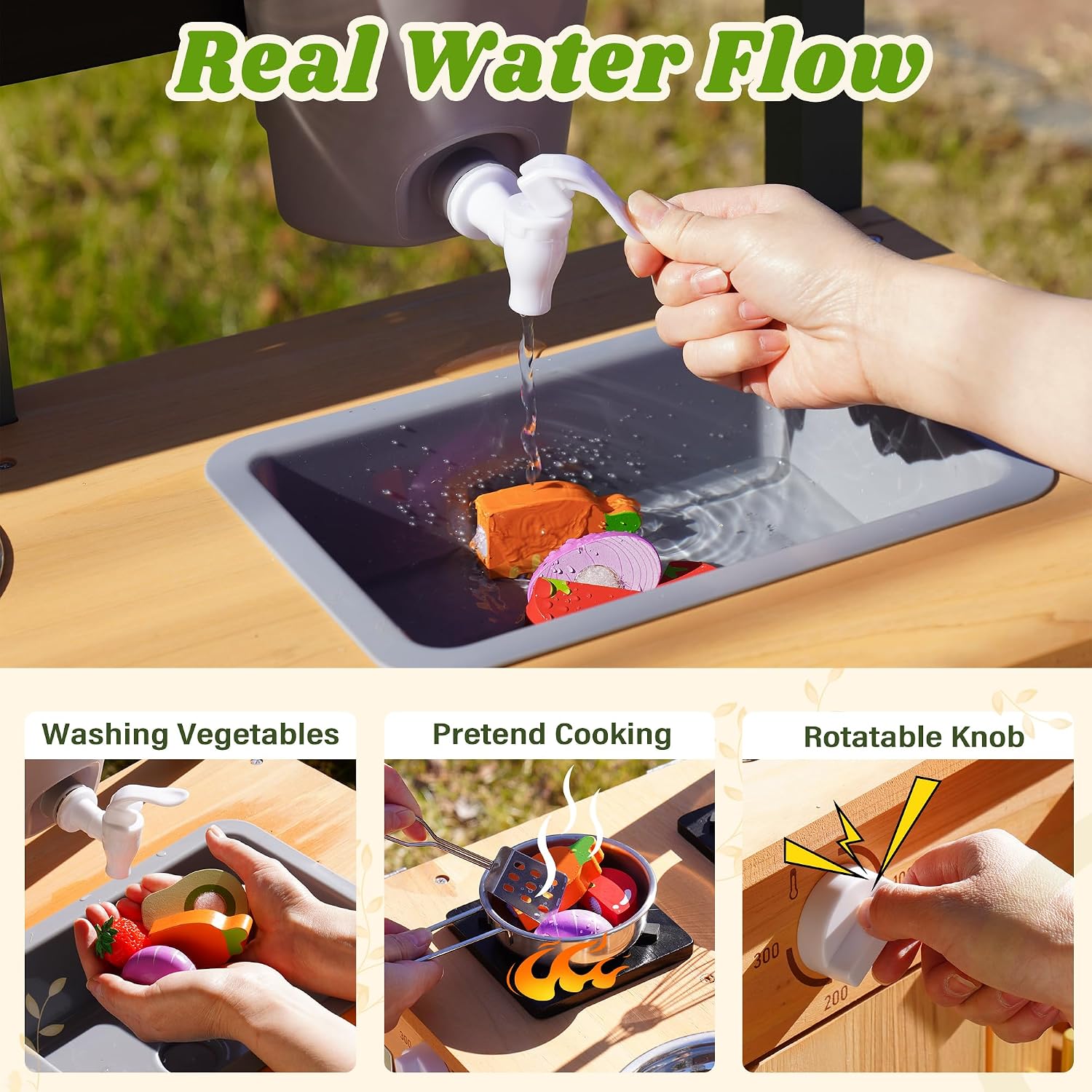 ROBOTIME Mud Kitchen for Kids Outdoor, Wood Outdoor Kitchen with Insect Observation Box & Planter Box, Toddler Play Kitchen with Removable Sink & Faucet, Pretend Outdoor Playset