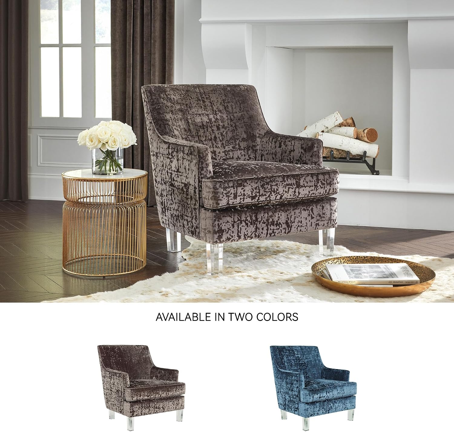 Signature Design by Ashley Gloriann Crushed Velvet Glam Accent Chair with Acrylic Legs, Charcoal Gray