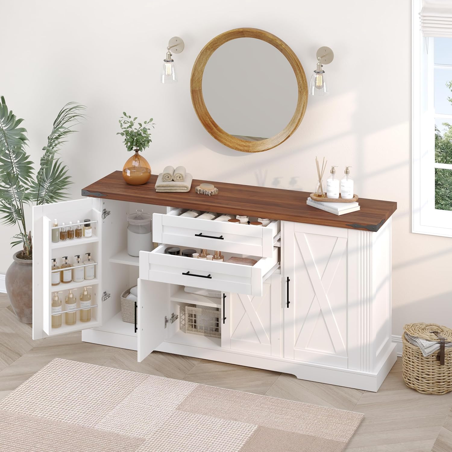 RiteSune 63' Farmhouse Buffet Sideboard Cabinet, Large Kitchen Sideboard Storage with 2 Drawers and 4 Doors, Buffet Table for Dining Room, Living Room, Black