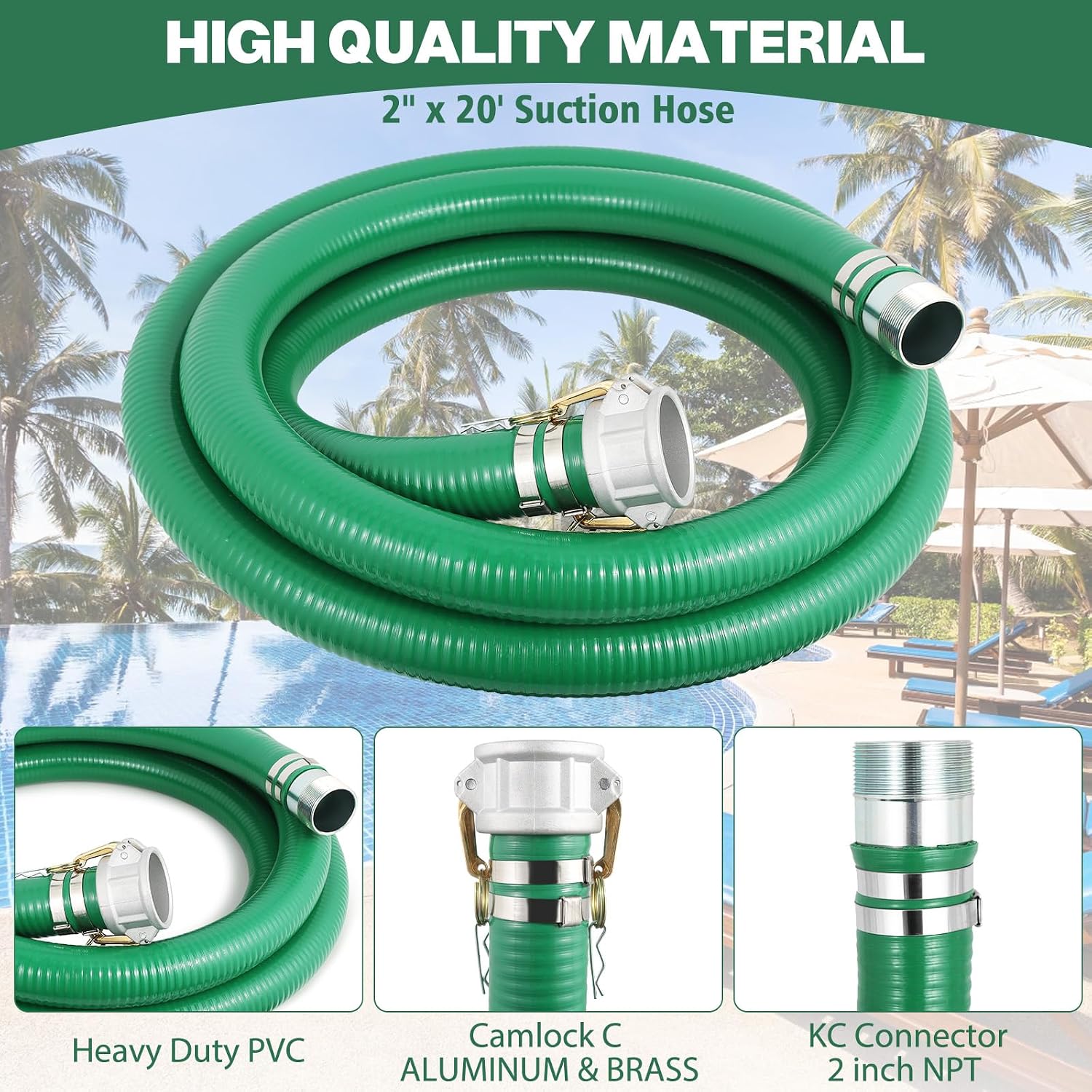 Picatu Heavy Duty 2' x 20' Green PVC Discharge Hose Pump Kit, Pool Suction Hose with Aluminum Camlock Fittings, Steel Round Strainer, Cam & Groove Adapter